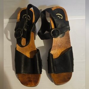 Vintage 90s Candies Black Leather Wood Platform Sandals Chunky Heel Size 8.5 Y2K